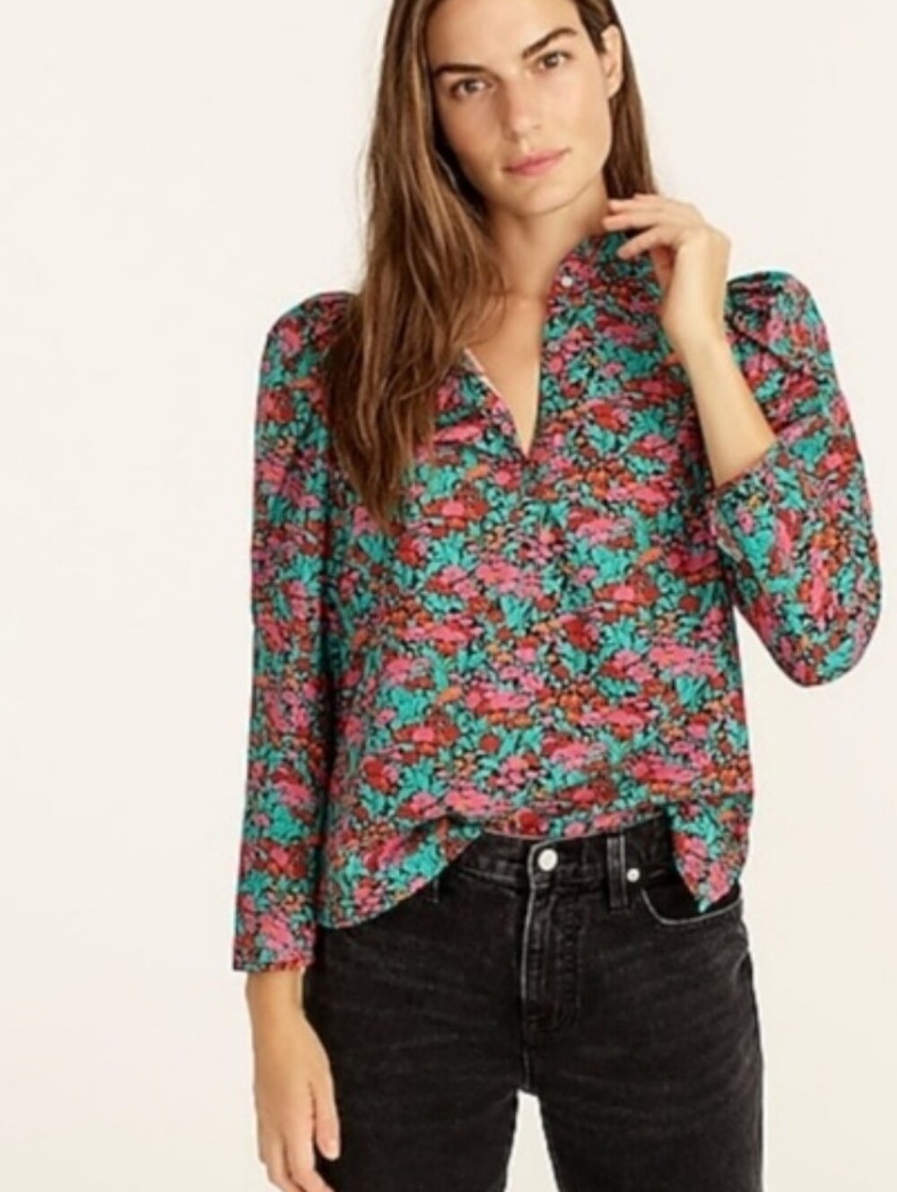 J. Crew Puff Sleeve Top In Ratti Red Blooms Small Cotton
